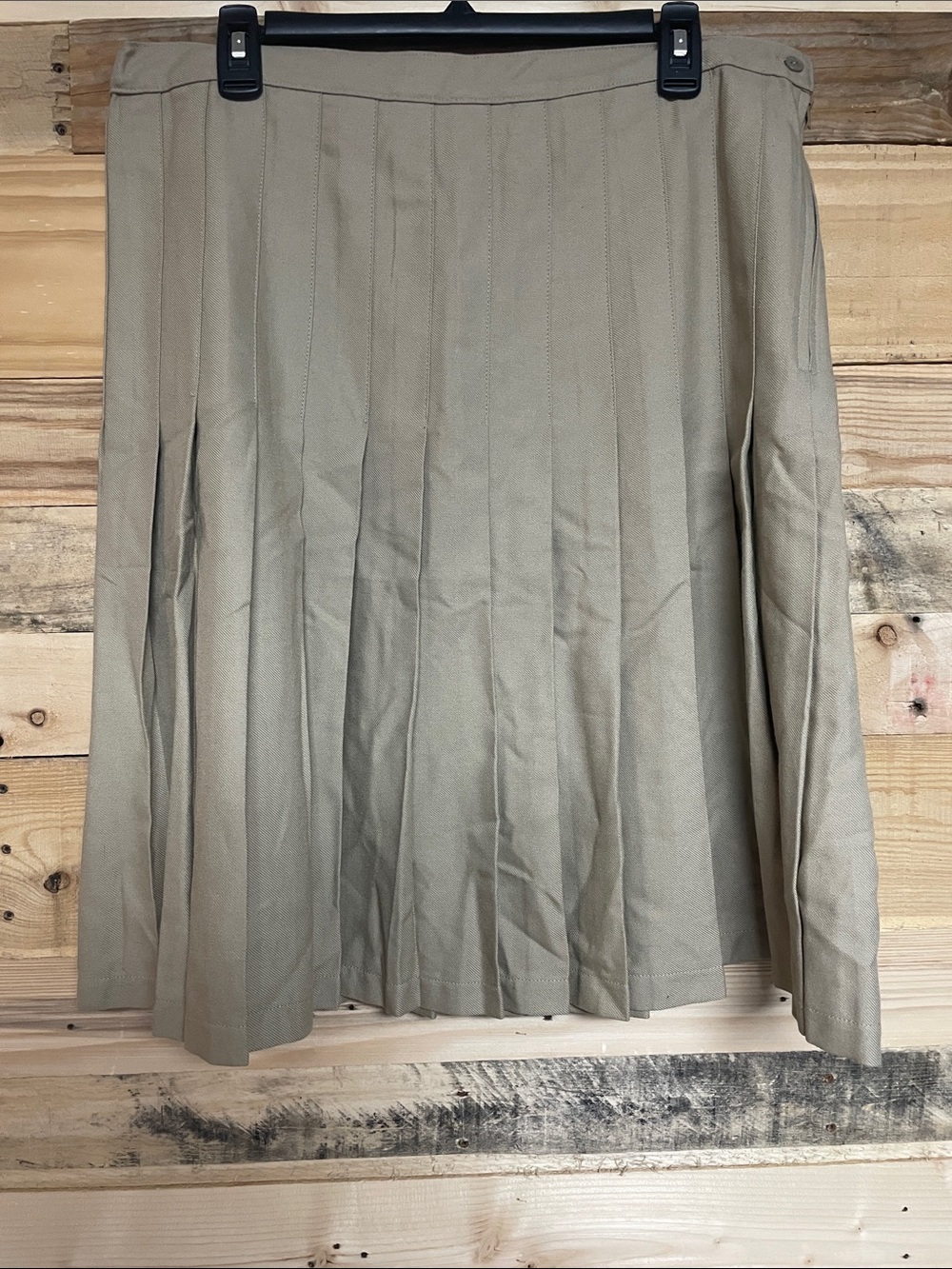 Lands' End size 12 Khaki Color A-Line Pleated Midi Skirt with Button & Side Zip